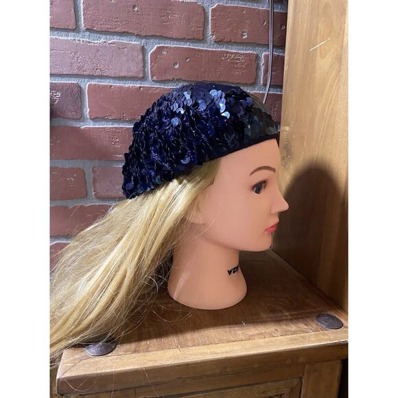 Black Sequin Vintage Beret Beanie Hat One Size Stretchy 1920s Gatsby Flapper - Picture 5 of 8